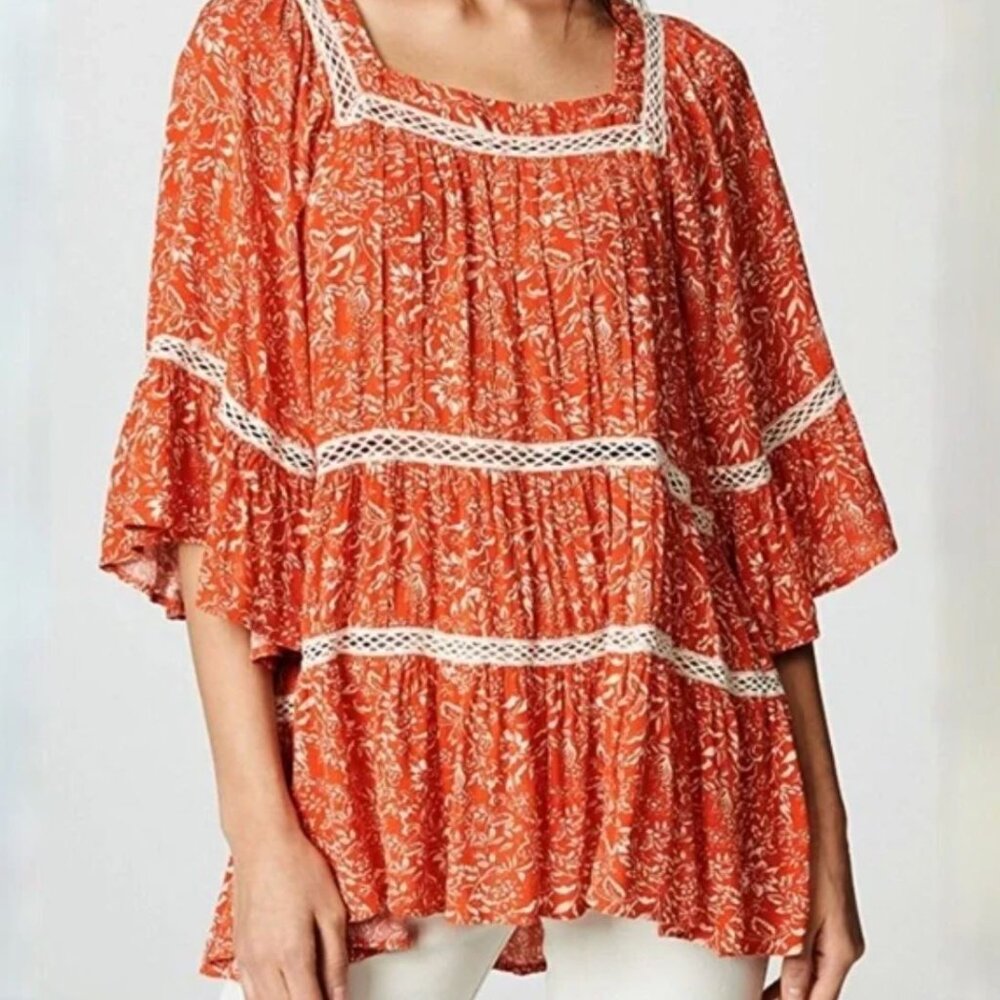 Free People | Floral Crochet Trim "Talk About It" Orange Tunic Top | Size Small